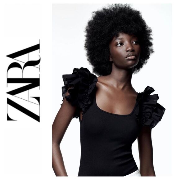 NWT Zara Ribbed Ruffled Round Neck Bodysuit in Black, Size Small - Picture 1 of 14